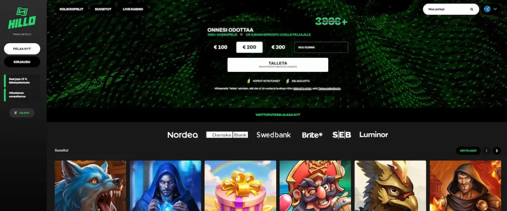 Hillo Casinon peliaula, jossa mahdollisuus talletukseen, tietoa tervetulobonuksesta ja parhaat kasinopelit