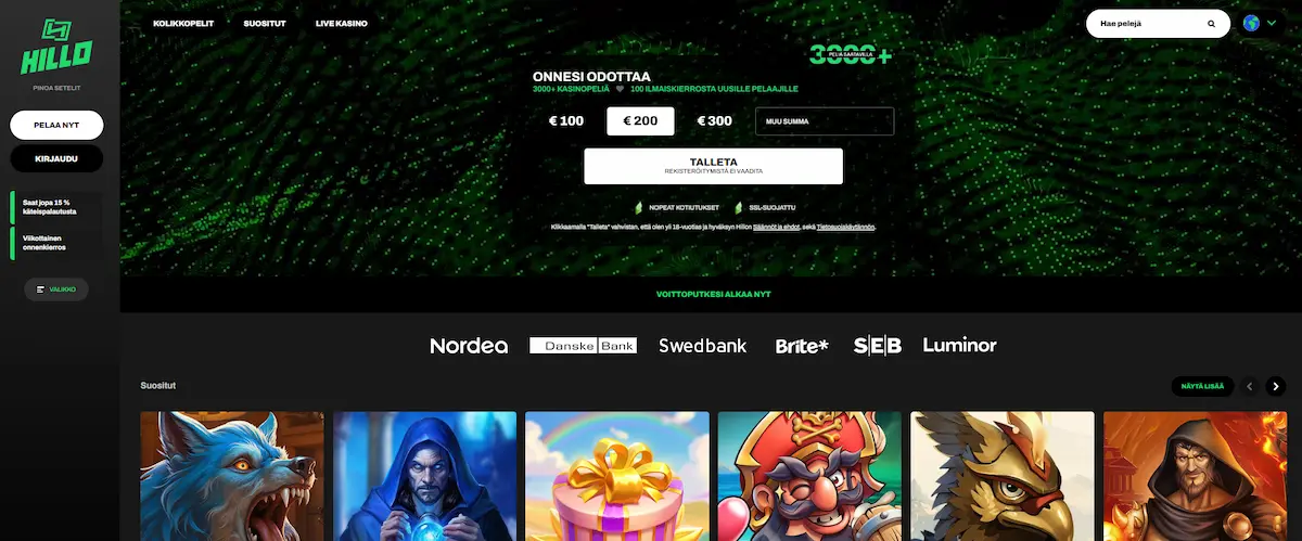 Hillo Casinon peliaula, jossa mahdollisuus talletukseen, tietoa tervetulobonuksesta ja parhaat kasinopelit