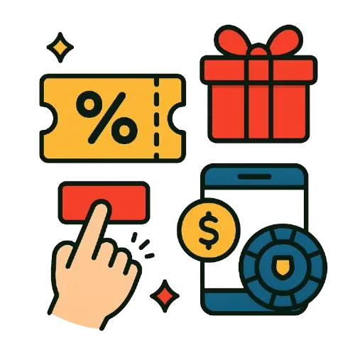 Symboleita, jotka liityvät bonuskoodeihin. Alennuslippu, punainen lahjapaketti, käsi, joka vahvistaa bonuksen ja puhelimen näyttö, jonka edessä on dollarin kolikko ja pelimerkki