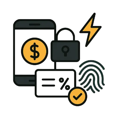 Puhelin, jonka ruudulla dollarimerkki, turvalukko, salam, alennuskoodi ja sormenjälki