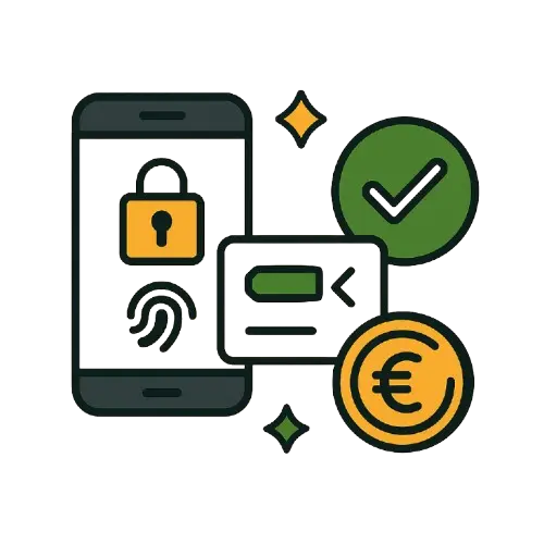 Puhelin, jonka ruudulla lukko ja sormenjälki, vihreä hyväksyntä -symboli ja eurokolikko