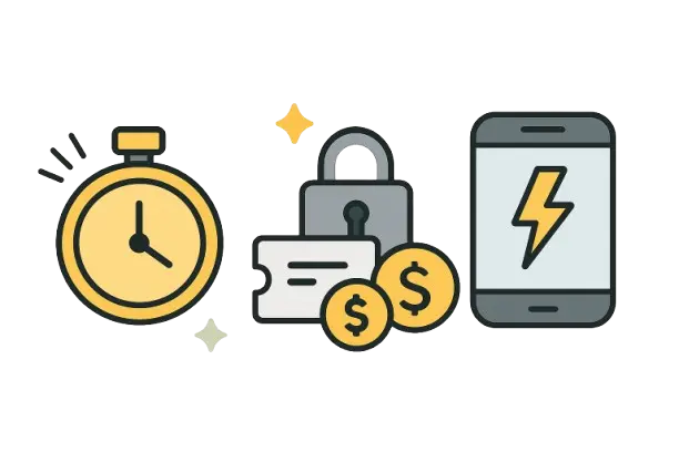 Tikittävä kello, lukko ja puhelin, jossa salamankuva.