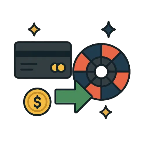 Pankkikortti, rulettipyörä ja dollarin kolikko sekä vihreä nuoli