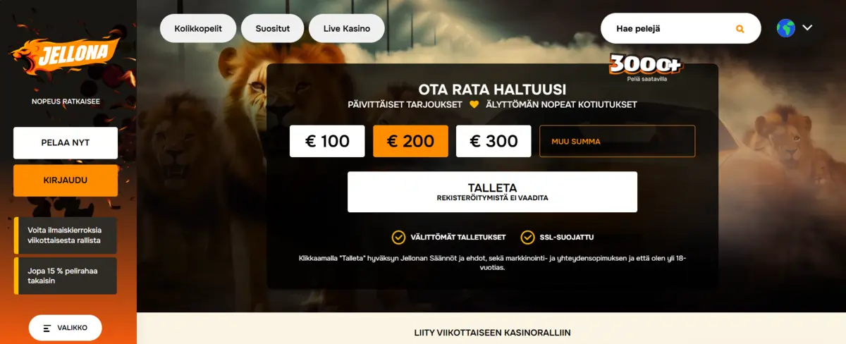 Jellona Casinon peliaula, jossa valikko, tietoa talletuksesta ja bonuksesta