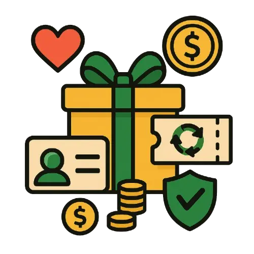 Kasino ilman kierrätystä, ja sivustolla pelaamiseen liittyviä symboleita kuten pelitilin, dollarin kolikko, punainen sydän, lahjapaketti ja kolikkonippu