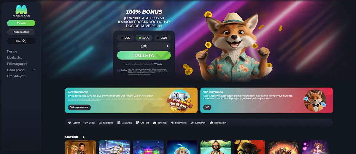 Mammona Casinon peliaula, jossa mahdollisuus talletukseen, suosituimmat kolikkopelit ja tietoa tervetulobonuksesta.