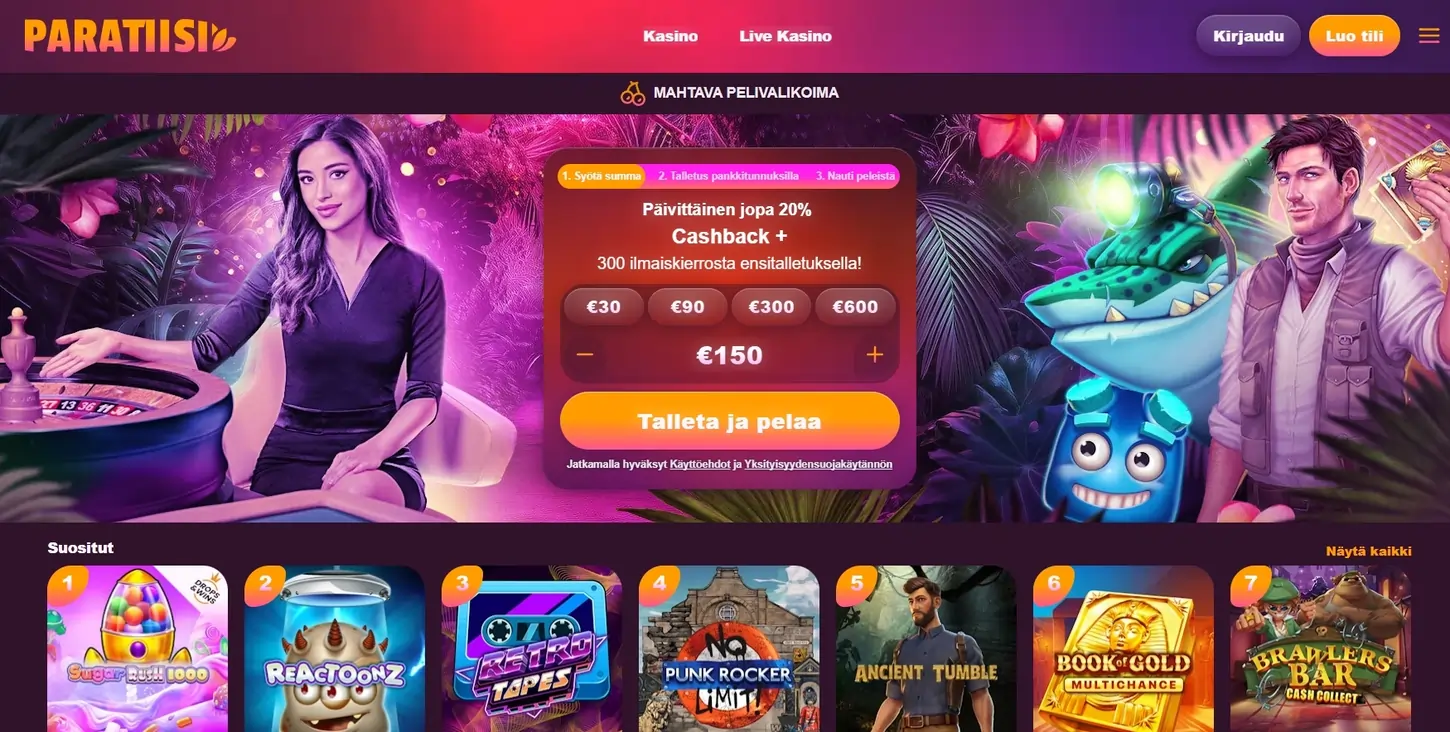 paratiisi kasinon peliaula, jossa tietoa talletuksesta, tervetulobonuksesta ja parhaista kasinopeleistä