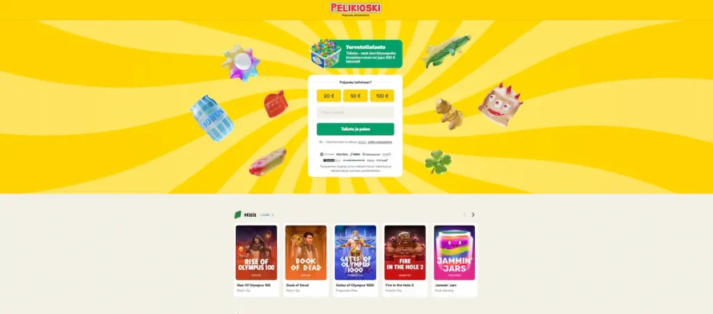 Pelikioski Casinon peliaula, jossa mahdollisuus tallettaa, tietoa bonuksesta ja suosituimmat kasinopelit