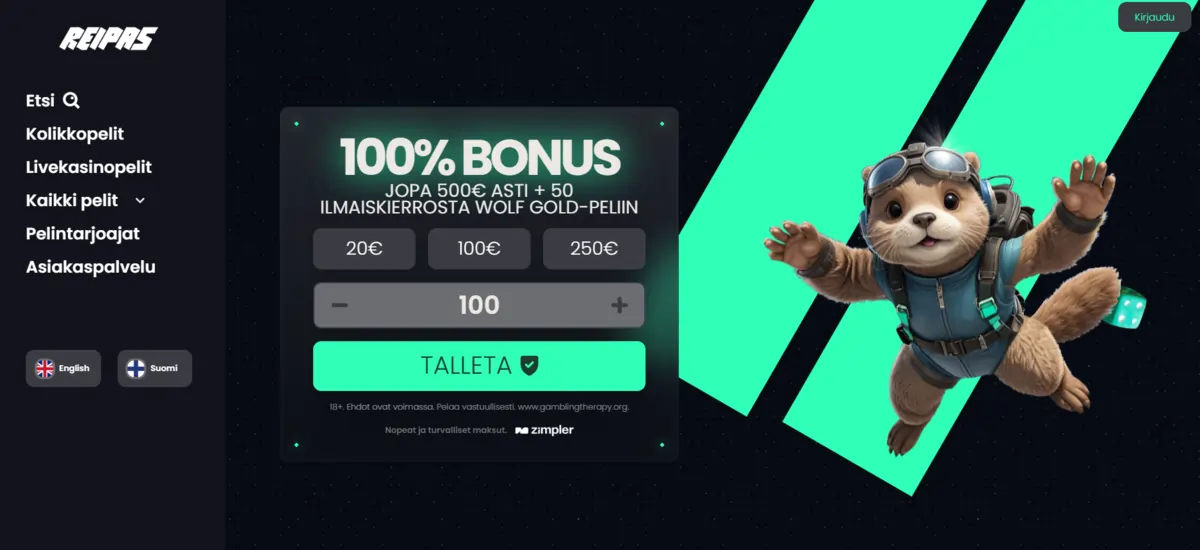 Reipas Casinon peliaula, jossa mahdollisuss talletukseen ja tietoa bonuksesta