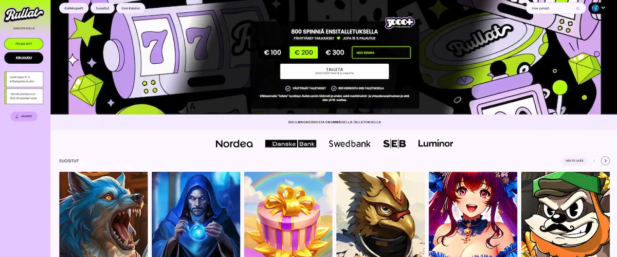 Rullat Casinon peliaula, josa näkyy valikko, mahdollisuus talletukseen, tietoa tervetulobonuksesta ja parhaat kasinopelit