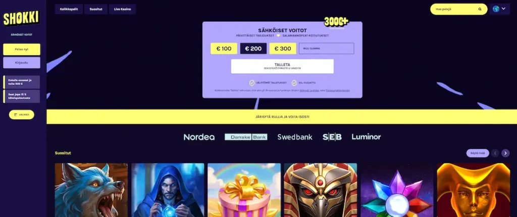 Shokki Casinon peliaula, jossa näkyy valikko, mahdollisuus talletukseen, parhaat pelit ja tietoa käteishyvityksestä