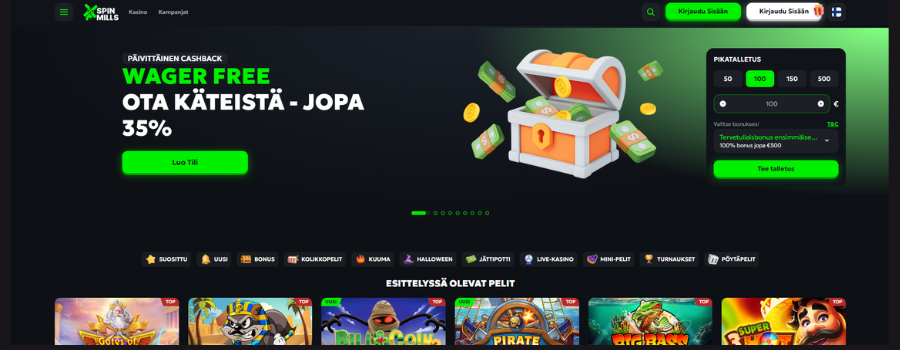 SpinMills Casinon peliaula, jossa tietoa tervetulobonuksesta ja parhaat kolikkopelit