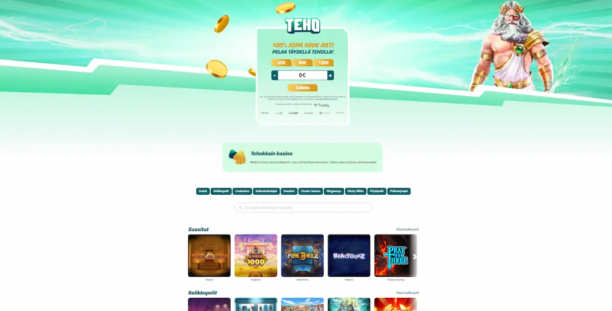 Teho Casinon peliaula, jossa näkyy mahdollisuus talletukseen ja suosituimmat kasinopelit