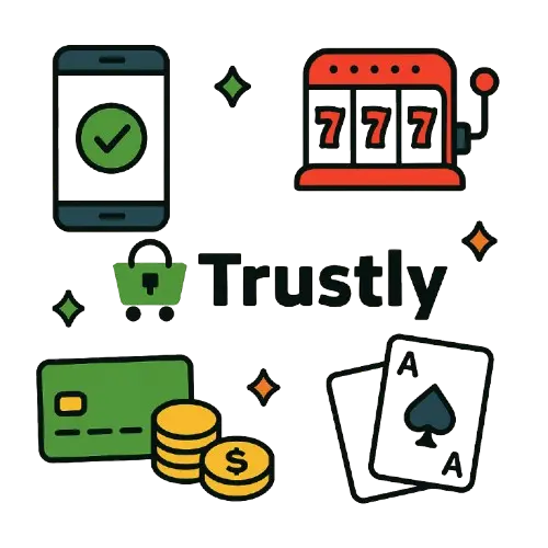 Kuvasta löytyy symboleita kuten puhelin, pankkikortti, pelikortit ja pelikone. Ne kuvaavat Trustly kasinoa.