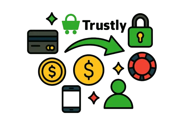 Trustly kasinolla pelaamiseen liittyviä symboleita, kuten pankkikortti, dollarin kolikko, pelaaja, pelipoletti ja puhelin