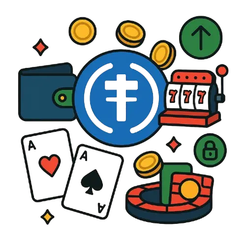 USDC kasinoilla pelaamiseen liittyviä symboleita, kuten kolikkopeli, pelikortit, lompakko ja lukko.