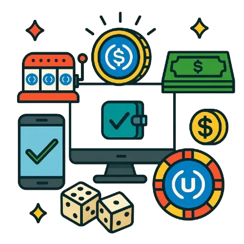 USDC kasinosta kertovia symboleita kuten puhelin, nopat, tietokone ja kolikkopeli