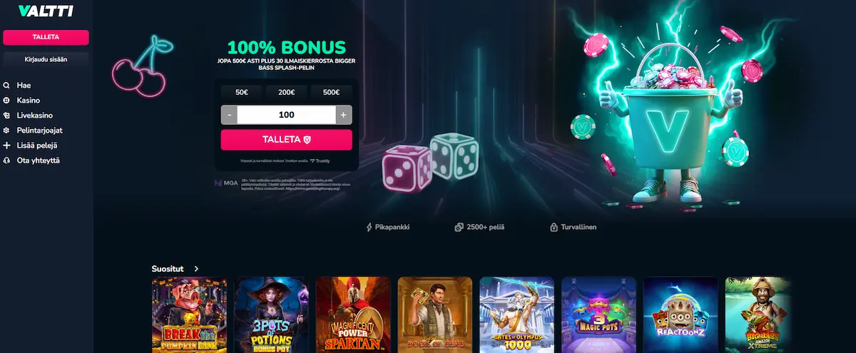 Valtti Kasinon peliaula, josta löytyy suosituimmat kasinopeit, mahdollisuus talletukseen ja tietoa tervetulobonuksesta