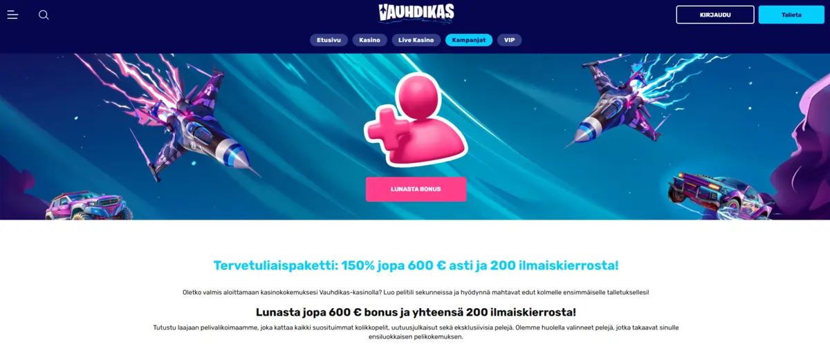 Vauhdikas Kasino tervetulobonus, josta saa etuja kolmelle ensimmäiselle talletukselle